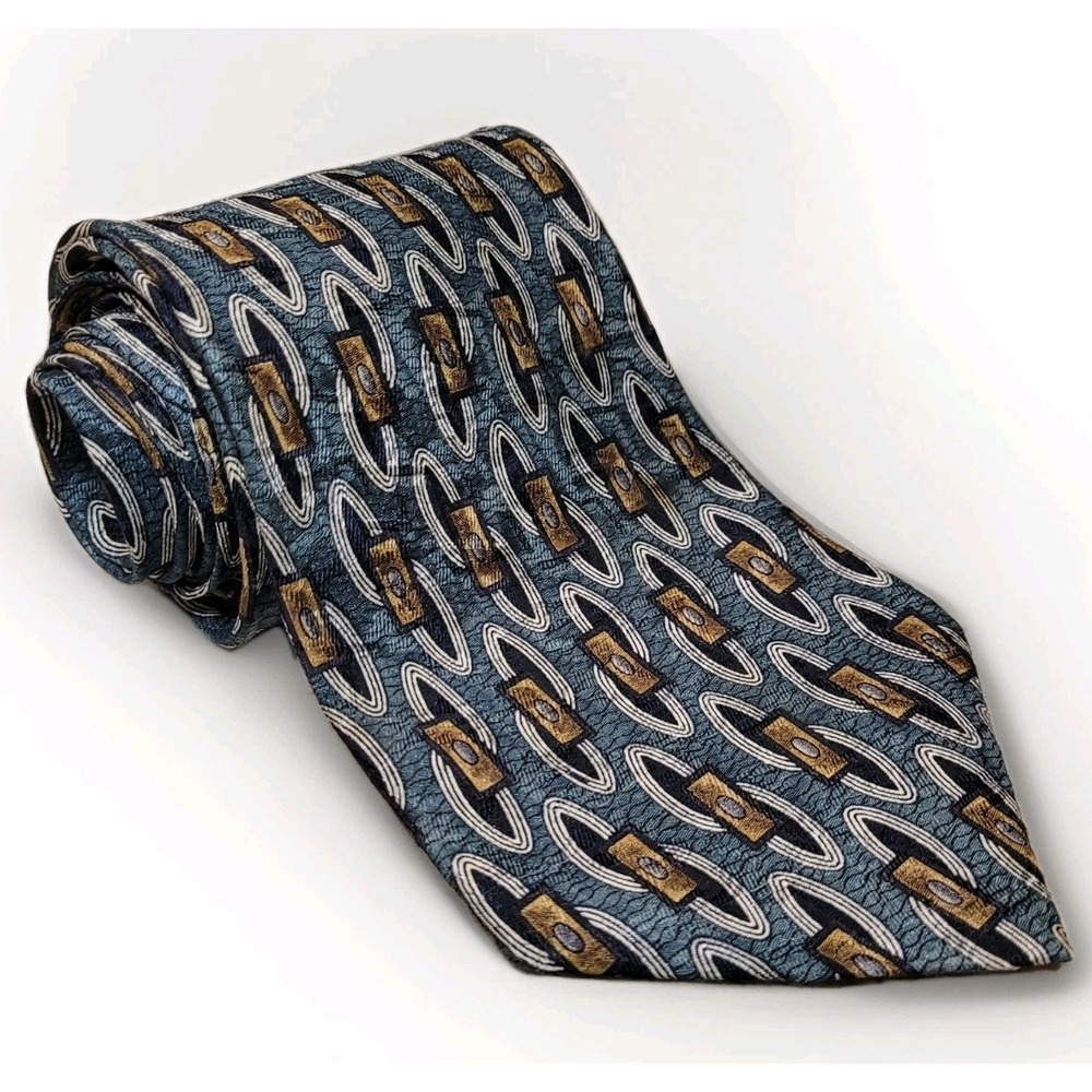 Vintage 90s Countess Mara Art Deco Style 100% Silk Tie Teal Blue Gold Abstract